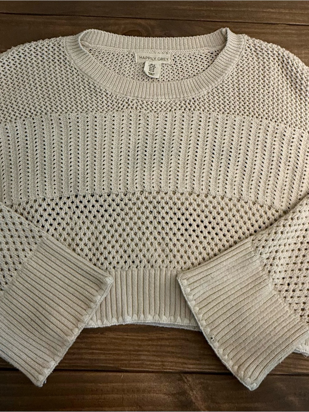 Happily Grey Women's Cream Cropped Open-Knit Crewneck Sweater